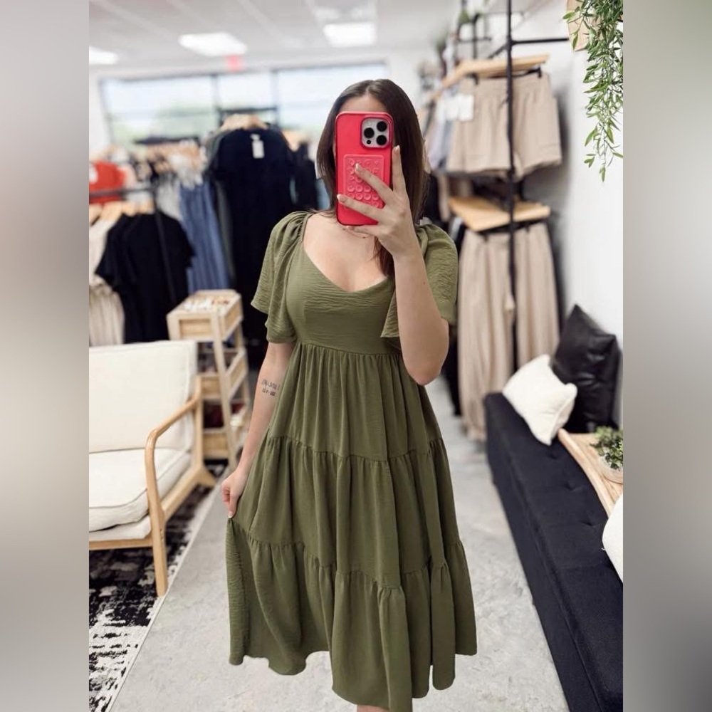 Olive Green Tiered Midi Dress - Women